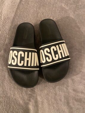 Moschino Black and White Logo Slide Sandals